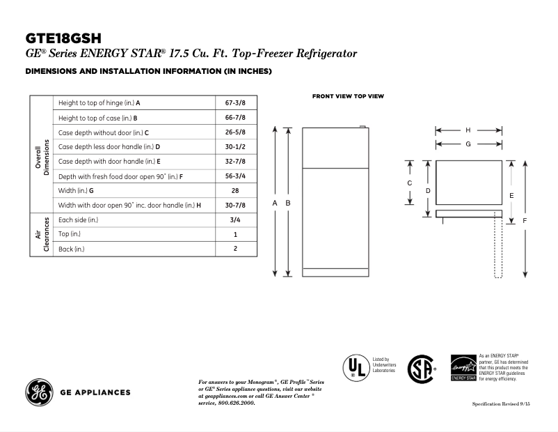 Página 1 del manual Ficha técnica GE GTE18GSHSS