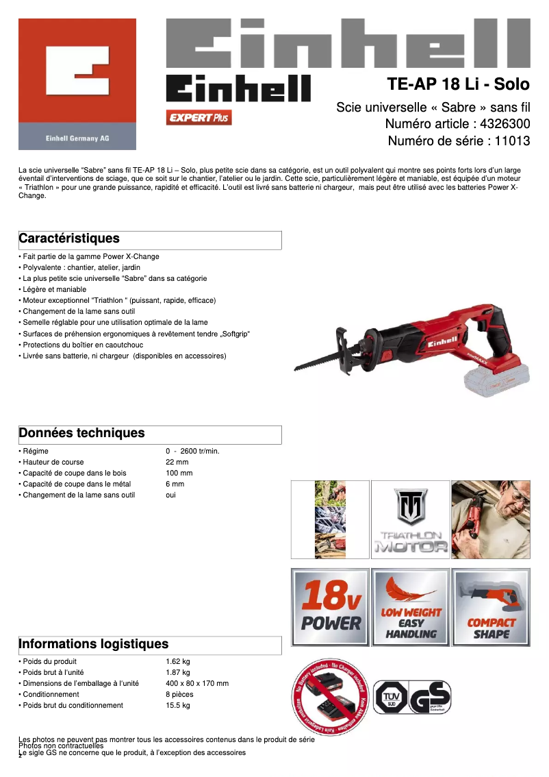 Image de la première page du manuel de l'appareil TE-AP 18/22 Li-Solo