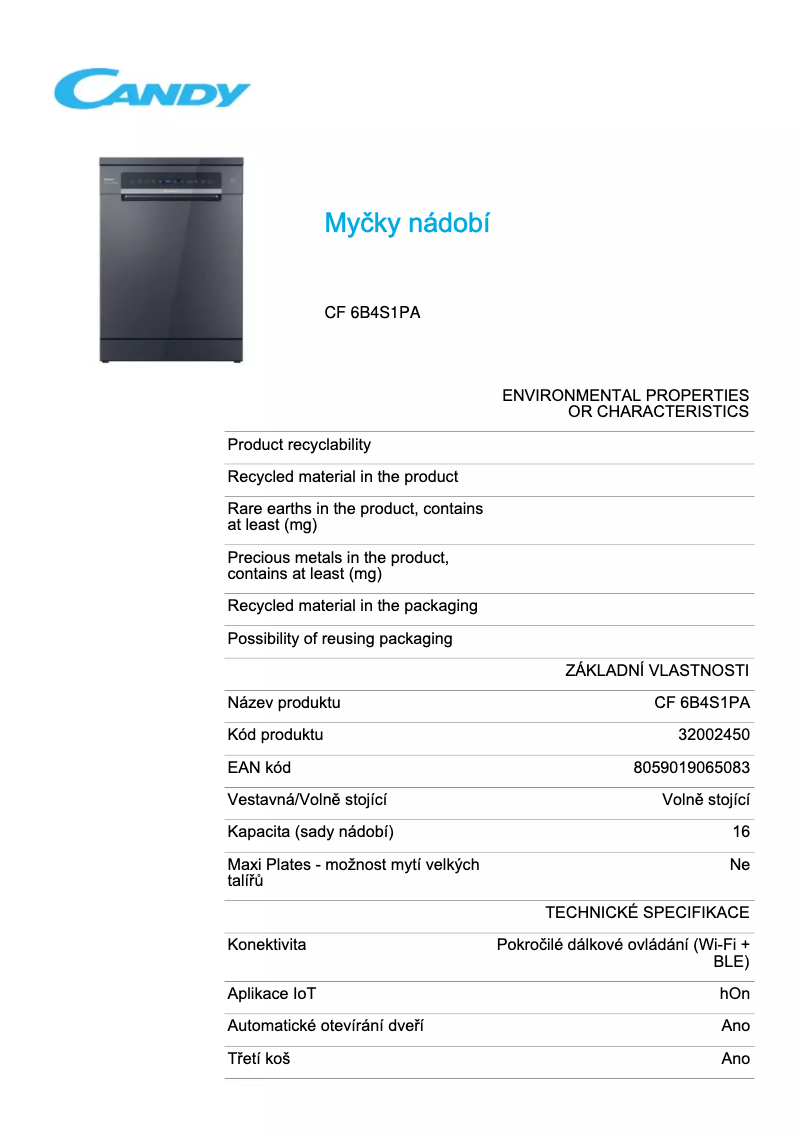 Page 1 de la notice Fiche technique Candy CF 6B4S1PA