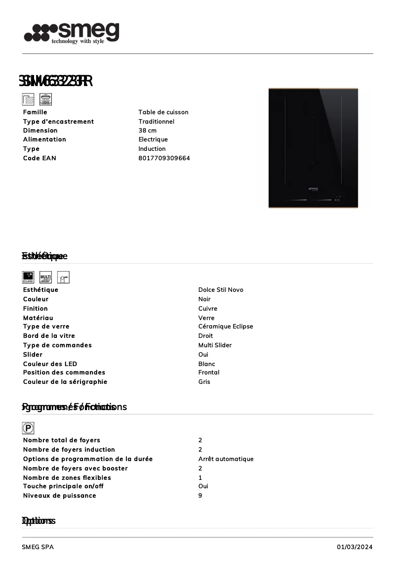 Page 1 de la notice Fiche technique Smeg SIM6323R