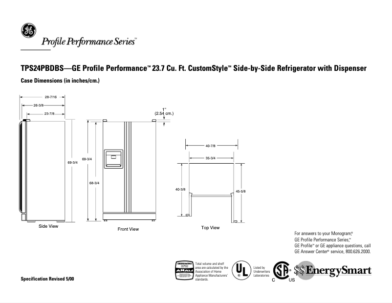 Page 1 de la notice Fiche technique GE Profile Performance TPS24PBDBS