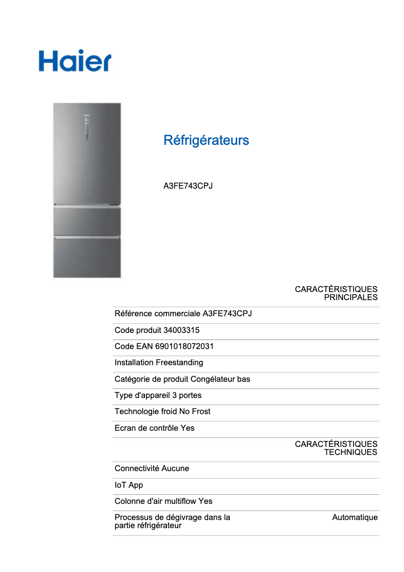 Page n°1 - Fiche technique Haier A3FE743CPJ