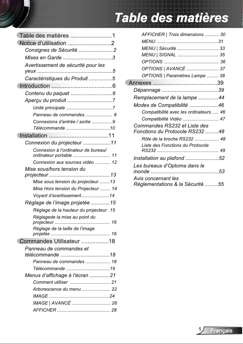 Page 1 de la notice Manuel utilisateur Optoma EW533ST