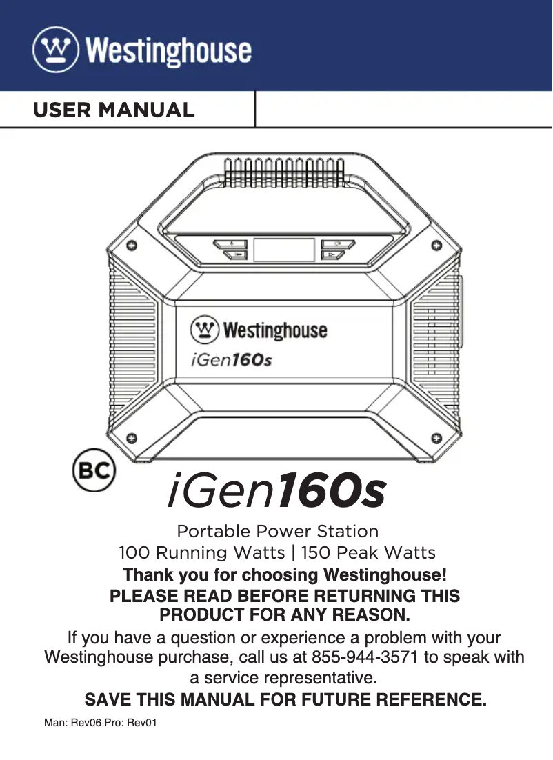 Página 1 del manual Manual de usuario Westinghouse iGen160s