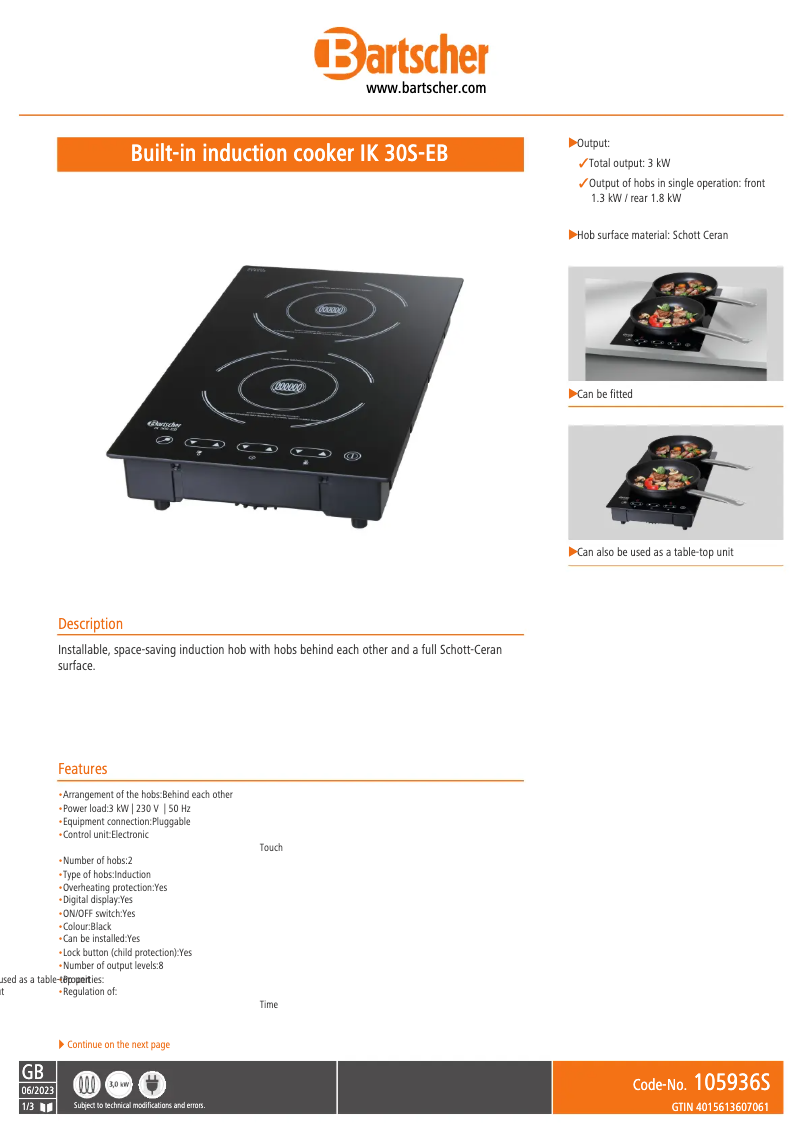 Page 1 de la notice Fiche technique Bartscher IK 30S