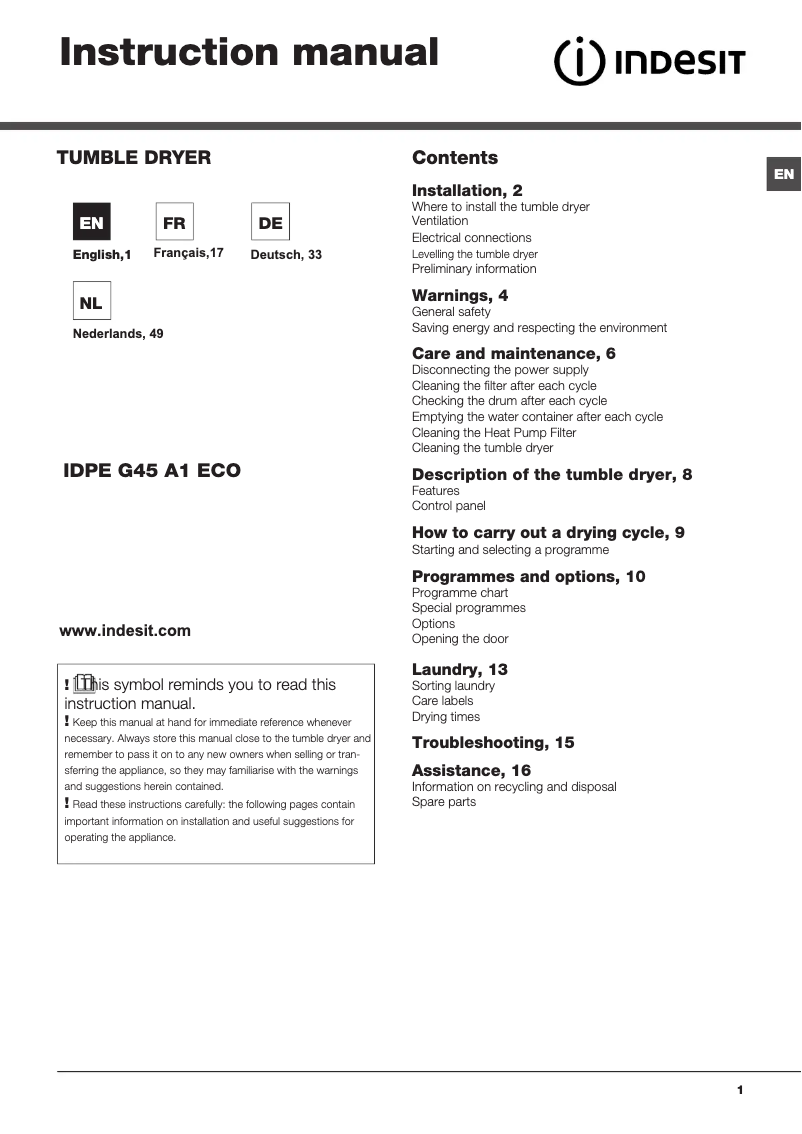 Page n°1 - Manuel utilisateur Indesit IDPE G45X A1 ECO(EU)