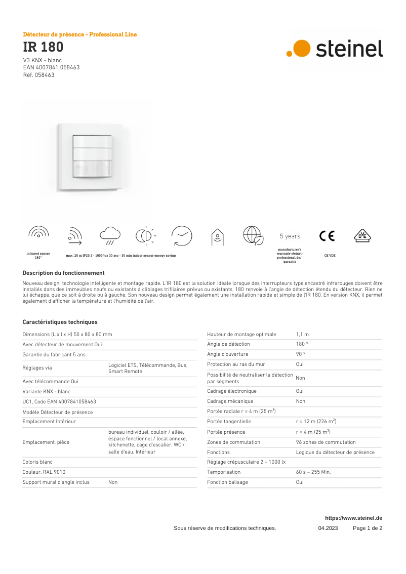 Page 1 de la notice Fiche technique Steinel IR 180 KNX