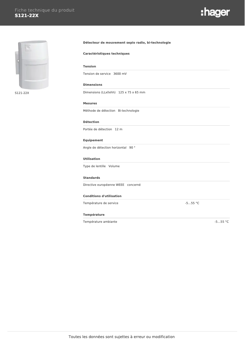 Page 1 de la notice Fiche technique Hager S121-22X
