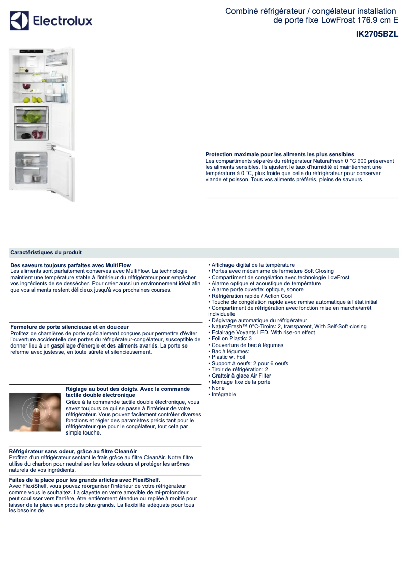 Page 1 de la notice Fiche technique Electrolux IK2705BZL