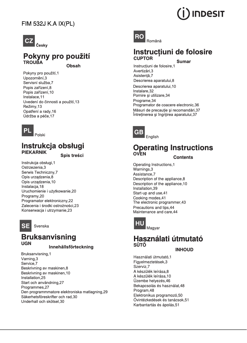 Page n°1 - Manuel utilisateur Indesit FIM 532J K.A IX (PL)