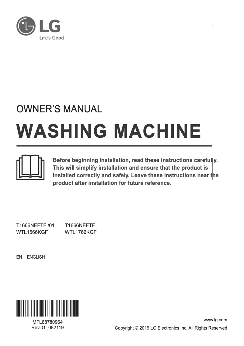 Page 1 de la notice Manuel utilisateur LG WTL1766KGF