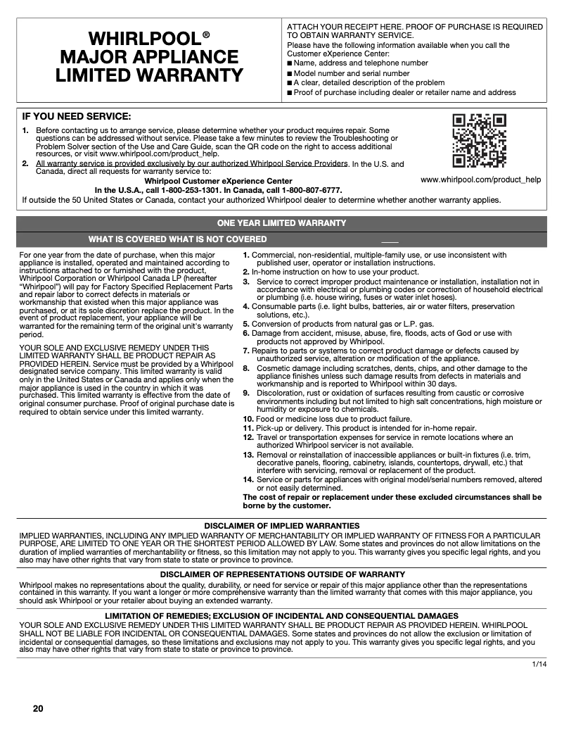 Page 1 de la notice Informations de garantie Whirlpool WRT511SZDB