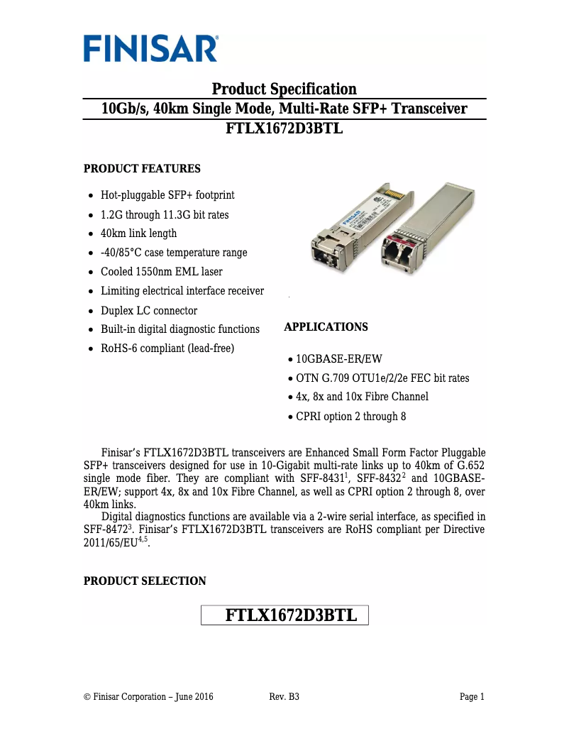 Page 1 de la notice Manuel utilisateur Finisar FTLX1672D3BTL