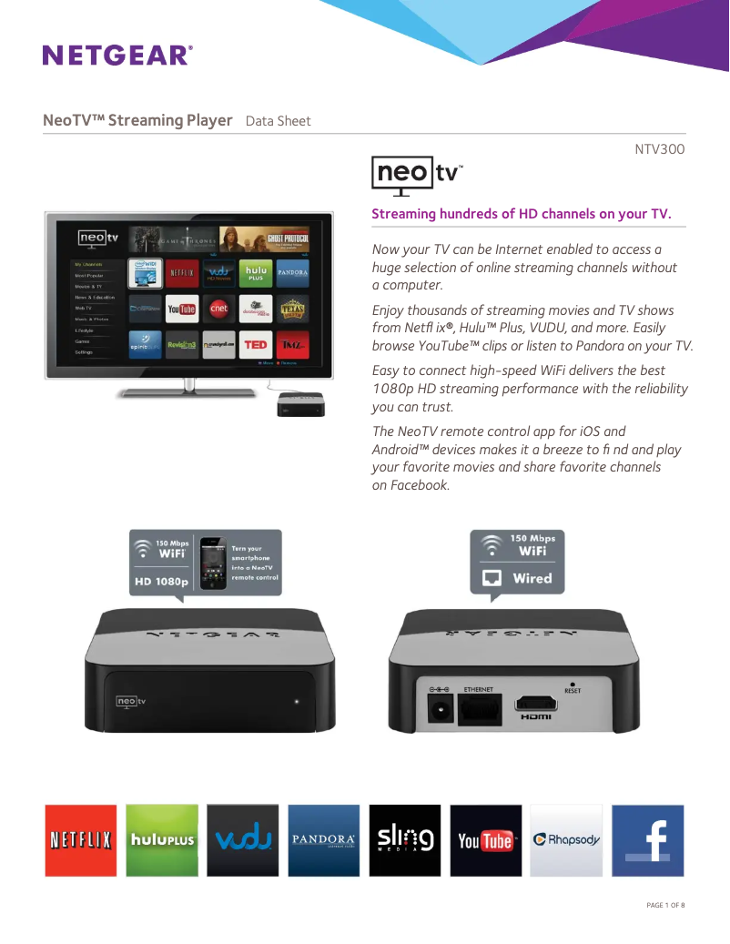 Page 1 de la notice Fiche technique Netgear NeoTV NTV300