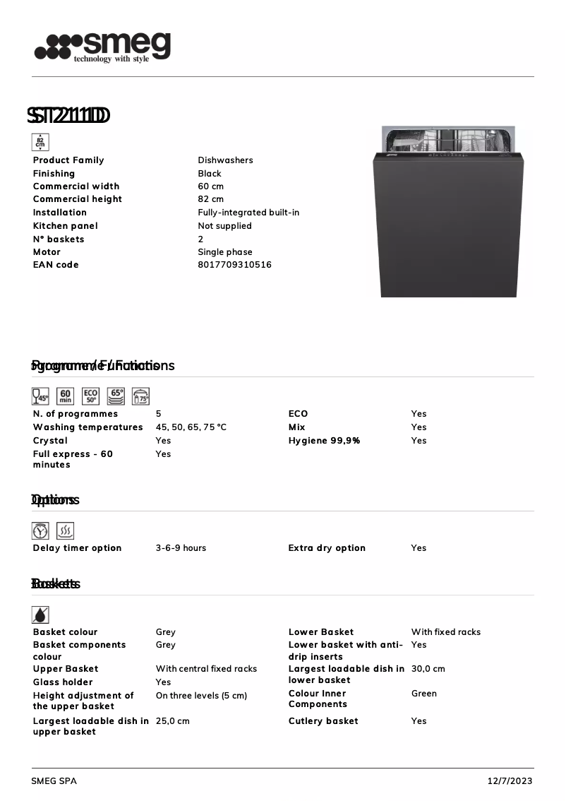 Page 1 de la notice Fiche technique Smeg ST211D