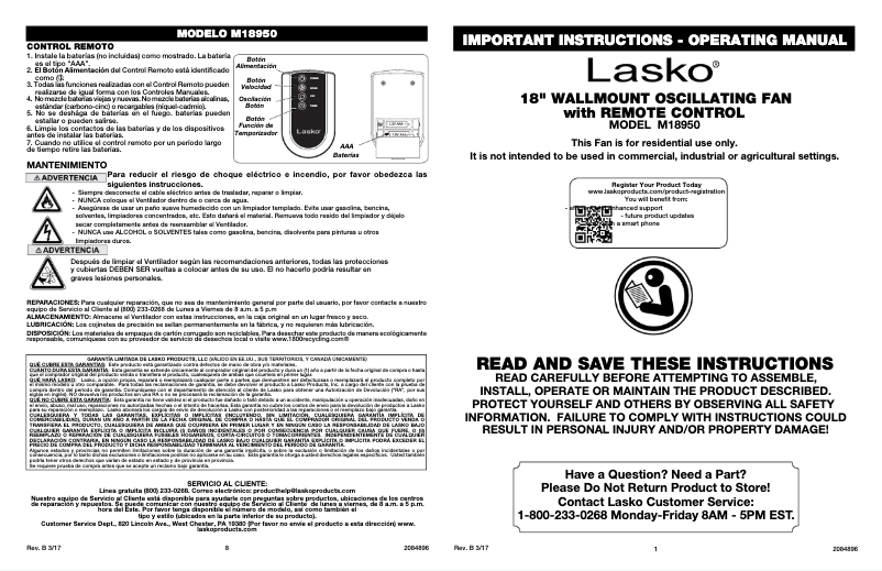 Page 1 de la notice Manuel utilisateur Lasko M18950