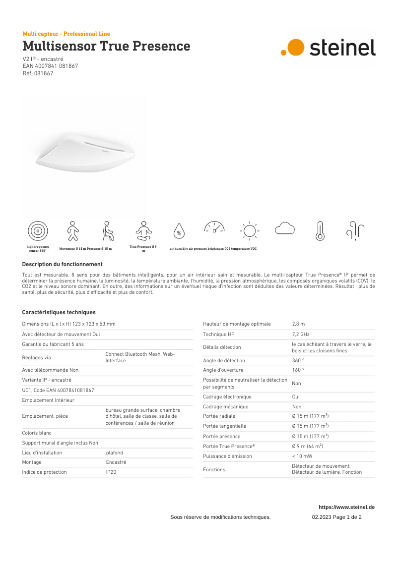 Page n°1 - Fiche technique Steinel Multisensor True Presence IP