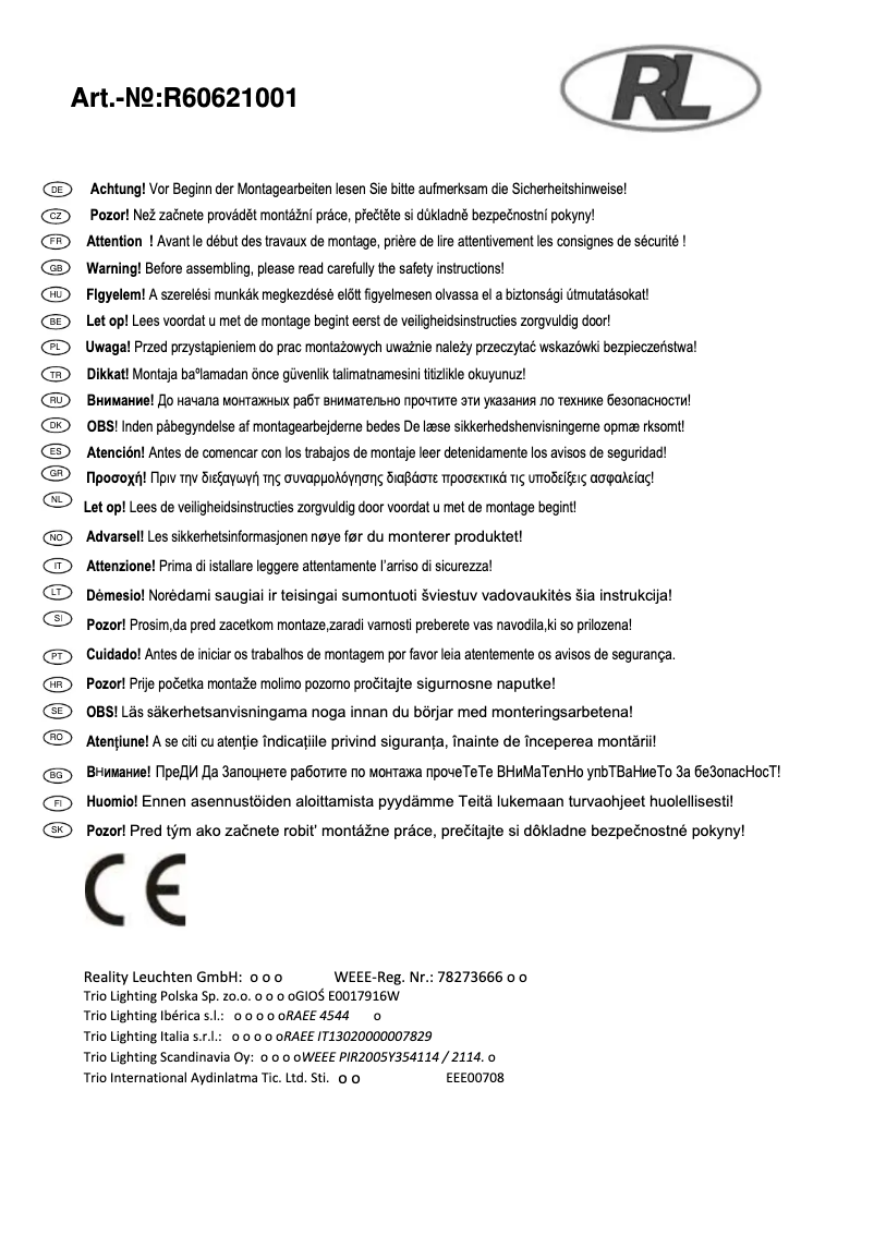 Page n°1 - Manuel utilisateur Trio Lighting CL Neptun