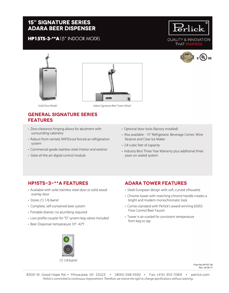 Page n°1 - Fiche technique Perlick Signature Series HP15TS-3-1RA