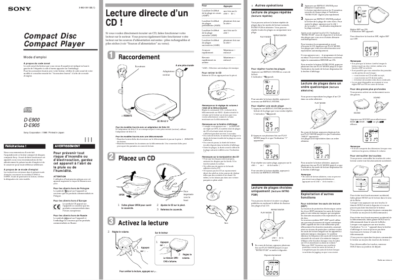 Page 1 de la notice Manuel utilisateur Sony Discman D-E900