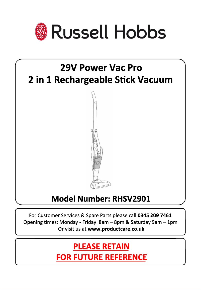 Page 1 de la notice Manuel utilisateur Russell Hobbs Power Vac Pro RHSV2901