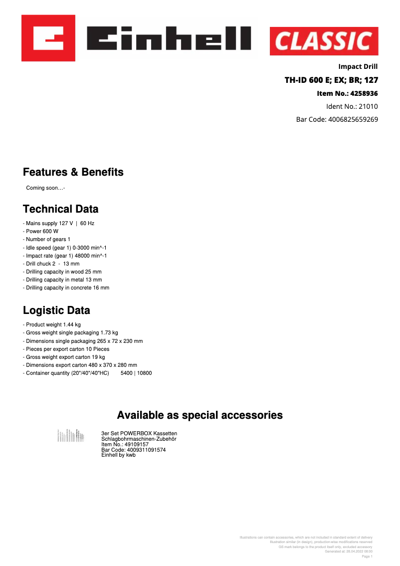 Page 1 de la notice Fiche technique Einhell TH-ID 600 E