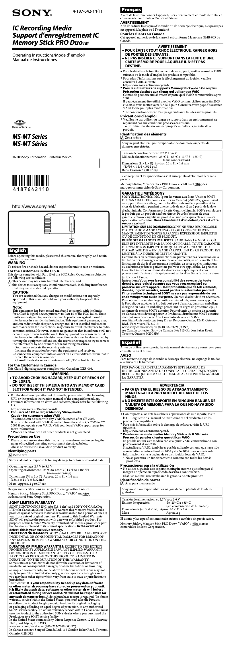 Page 1 de la notice Manuel utilisateur Sony MS-MT4G