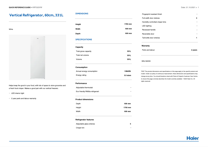Page n°1 - Guide d'installation Haier HRF322VW