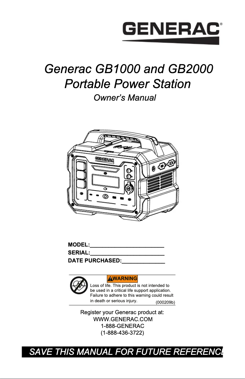 Page n°1 - Manuel utilisateur Generac GB2000