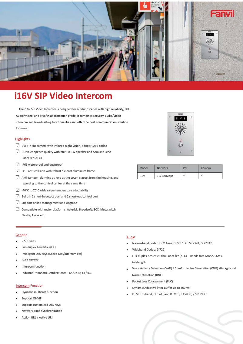 Page 1 de la notice Fiche technique Fanvil i16V