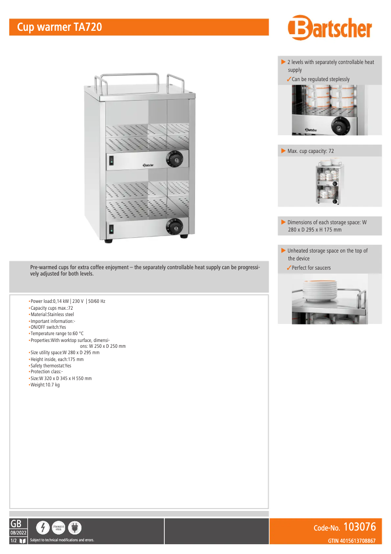 Página 1 del manual Ficha técnica Bartscher TA720
