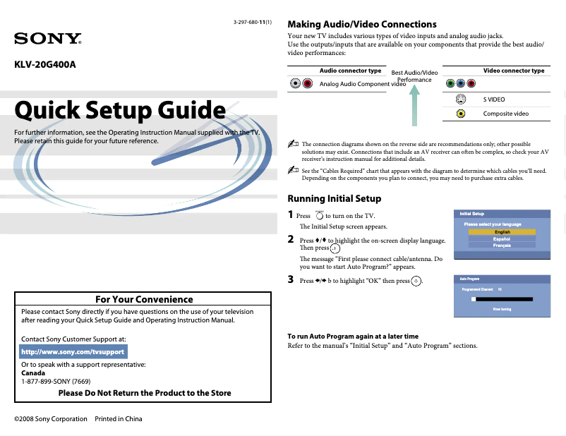 Page n°1 - Guide d'installation Sony KLV-20G400A