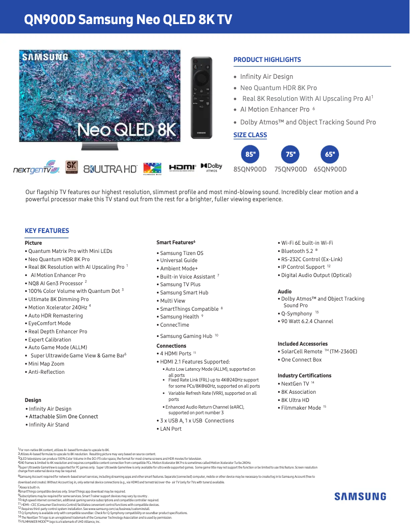 Page 1 de la notice Fiche technique Samsung QN65QN900DF