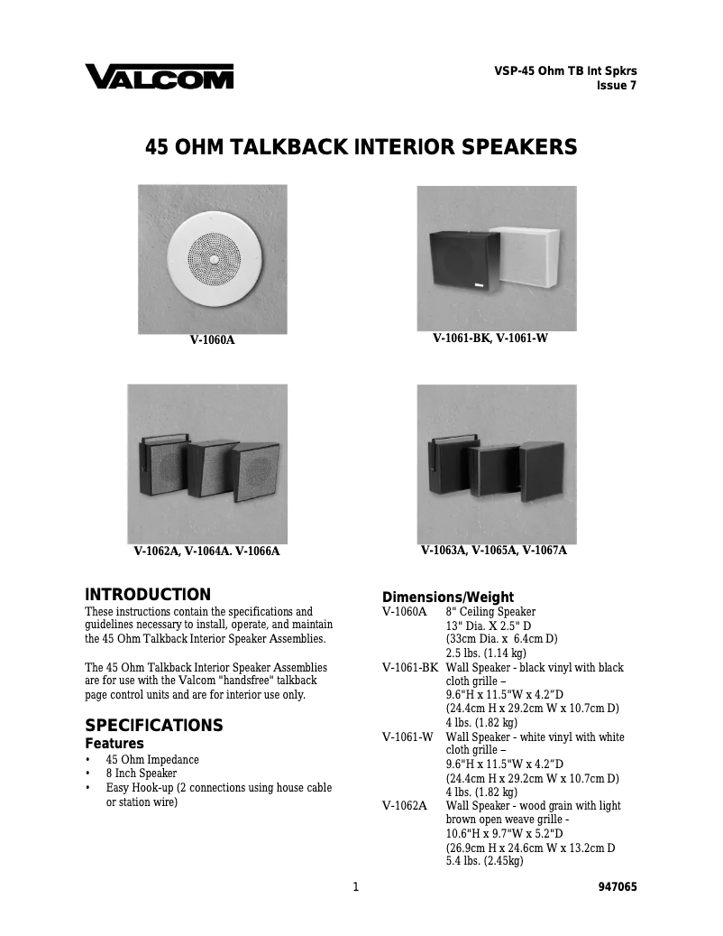 Page 1 de la notice Manuel utilisateur Valcom V-1065A