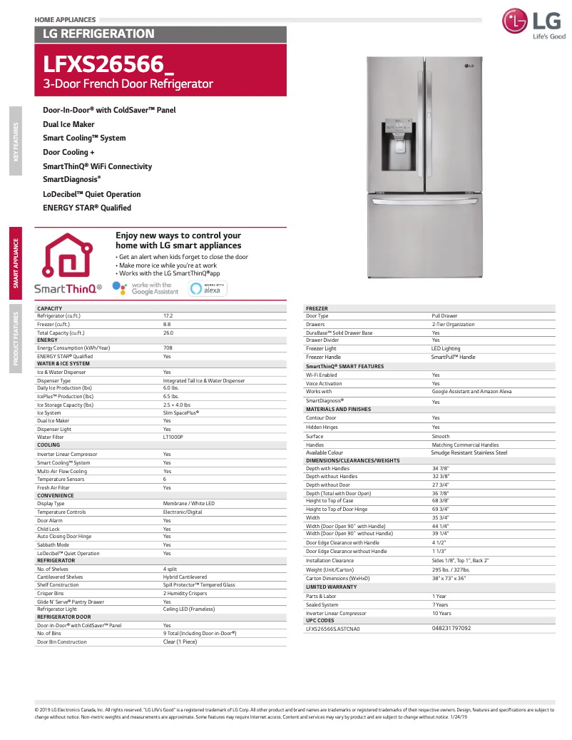 Page 1 de la notice Fiche technique LG LFXS26566S