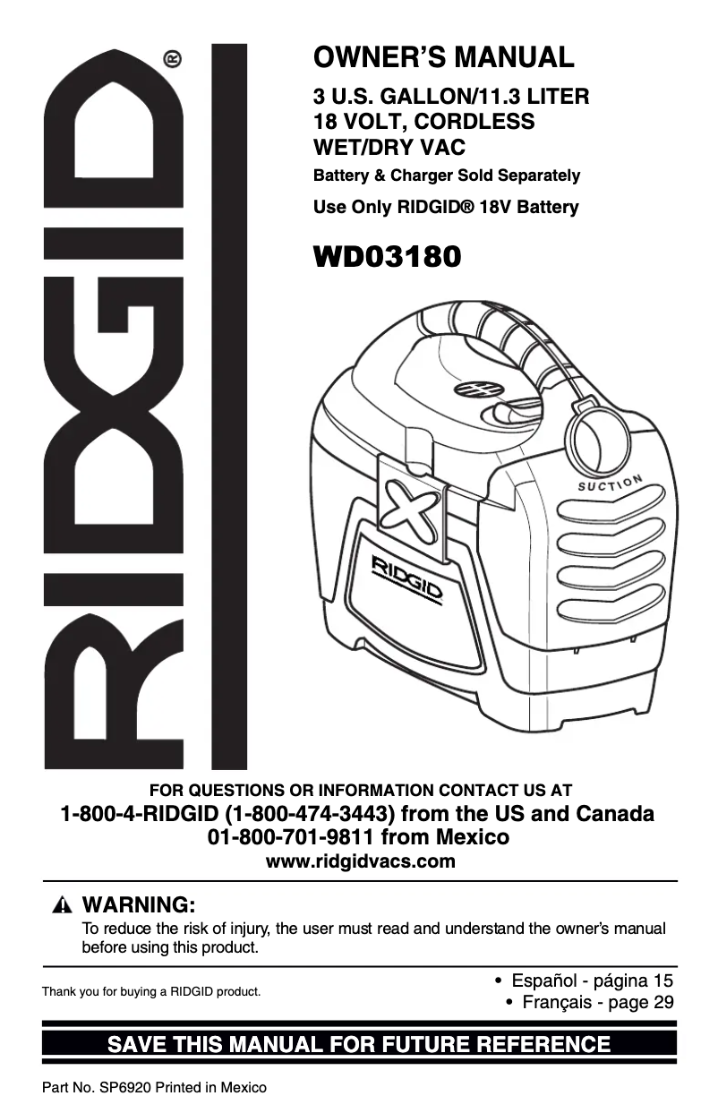 Page n°1 - Manuel utilisateur Ridgid WD03180