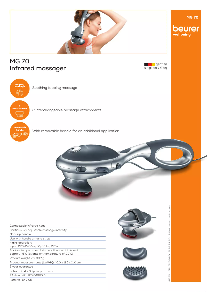 Page 1 de la notice Fiche technique Beurer MG 70