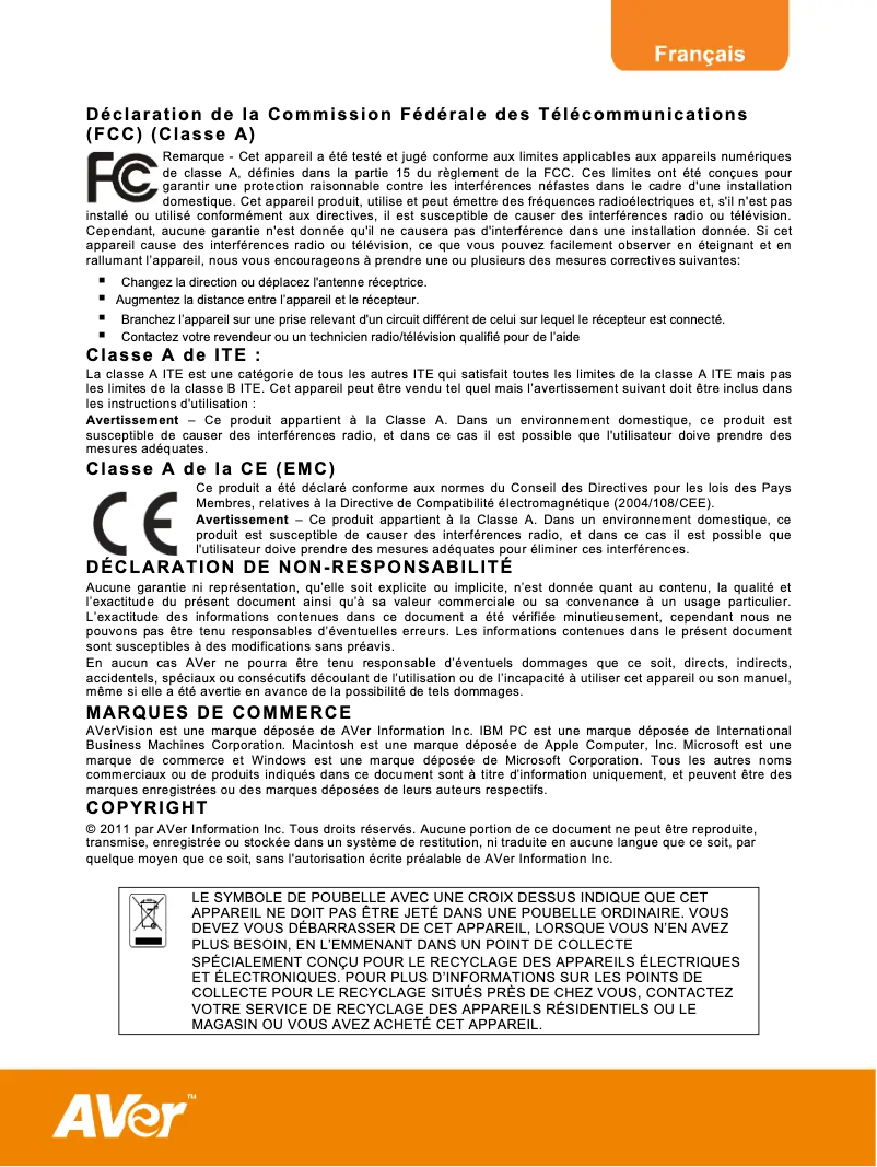 Page 1 de la notice Manuel utilisateur AVer AVerVision F50