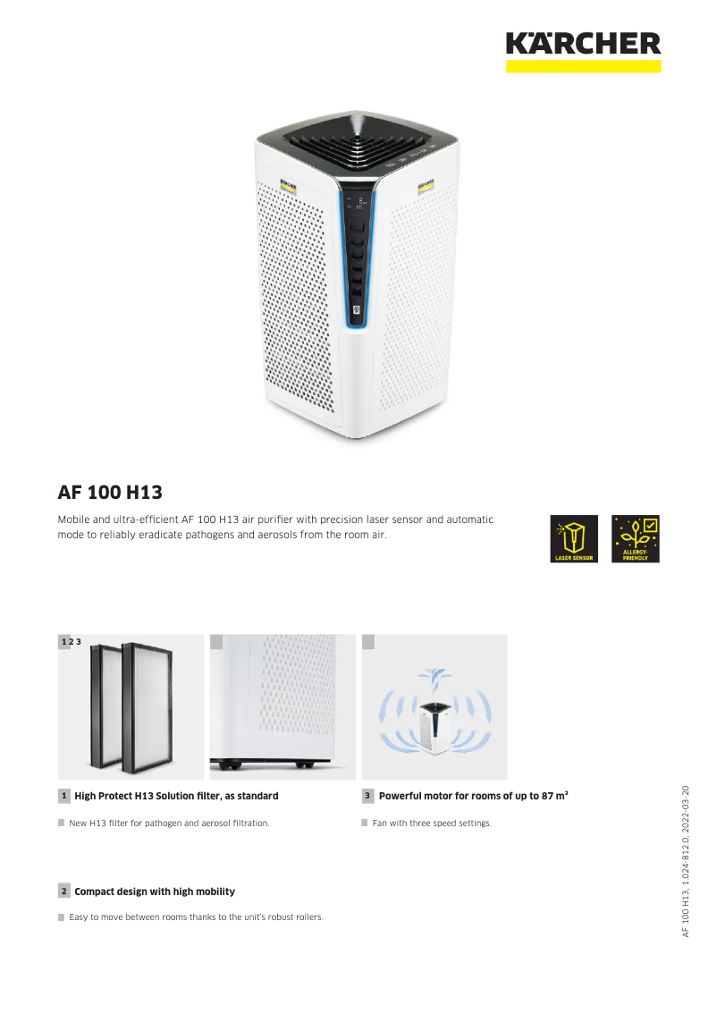 Page 1 de la notice Fiche technique Kärcher AF 100 H13