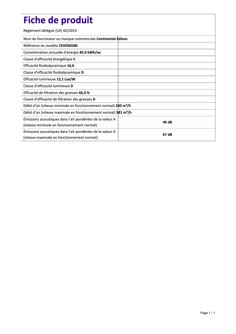 Page n°1 - Label énergétique Continental Edison CEHD6058S