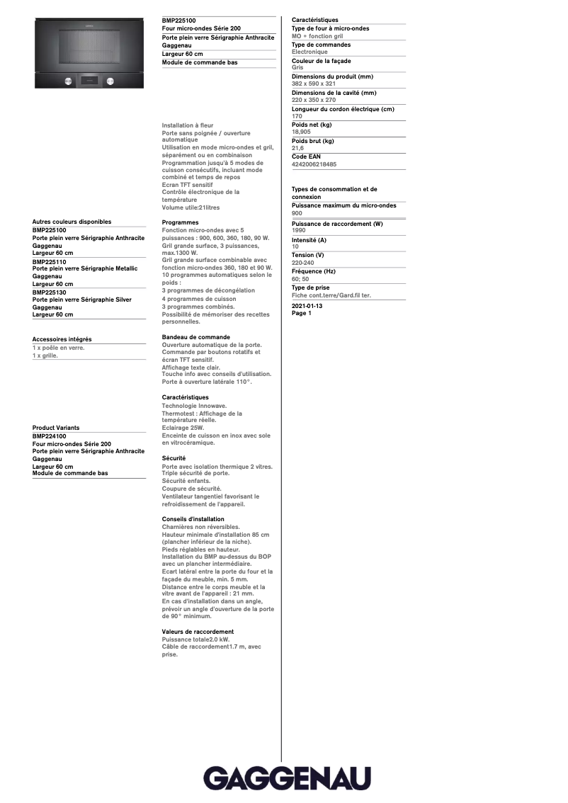 Page 1 de la notice Fiche technique Gaggenau BMP225100