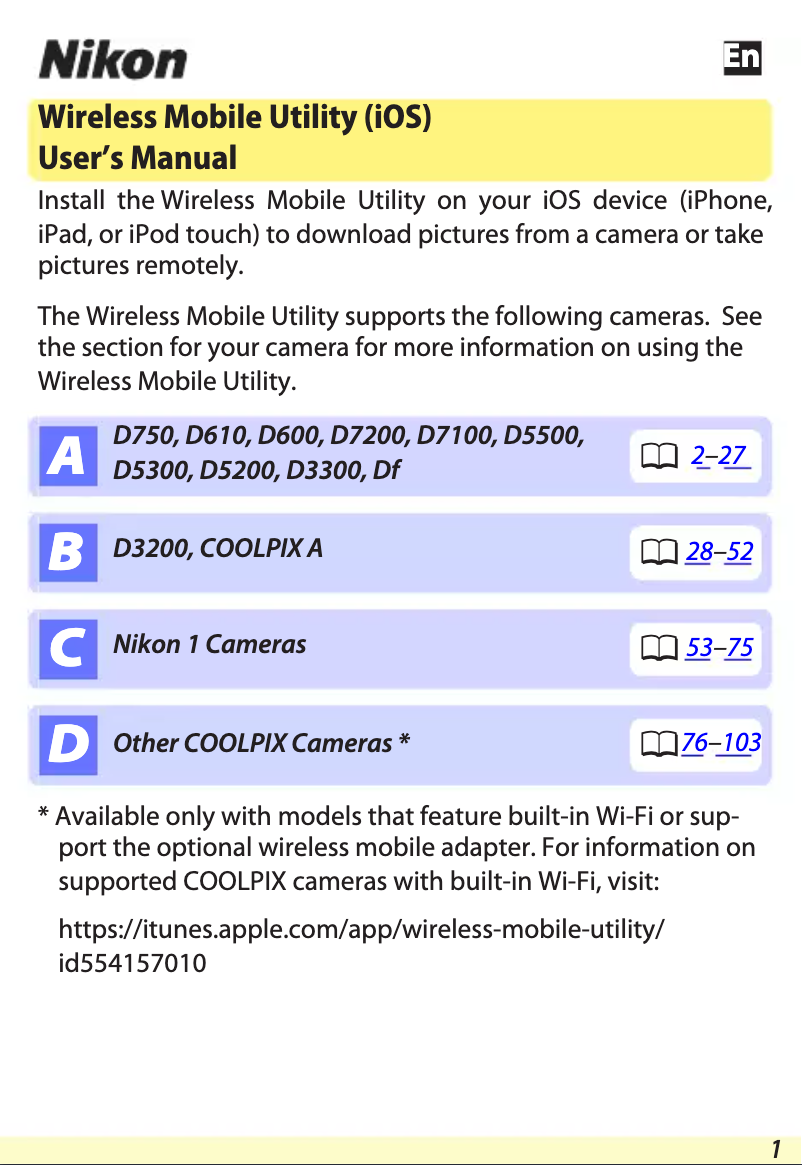 Page 1 de la notice Manuel utilisateur Nikon Wireless Mobile Utility App
