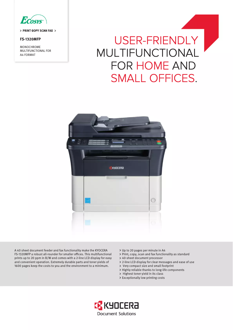 Page 1 de la notice Fiche technique Kyocera FS FS-1320MFP