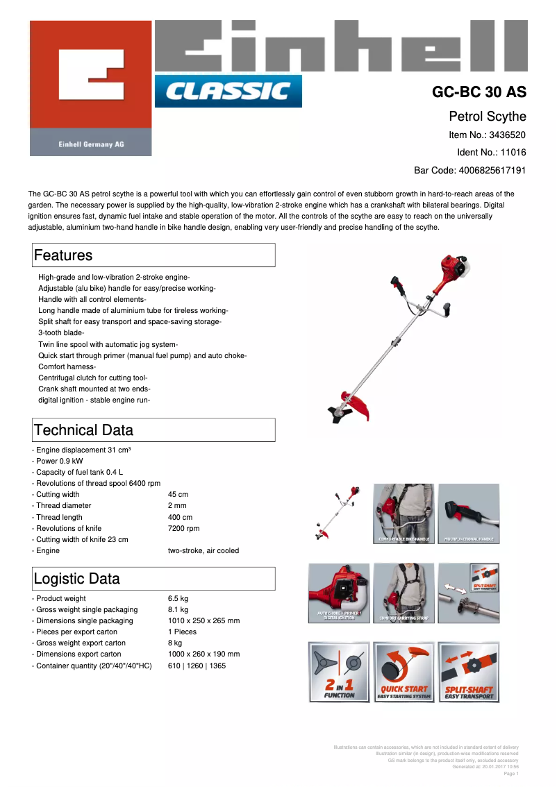 Page 1 de la notice Fiche technique Einhell GC-BC 30 AS