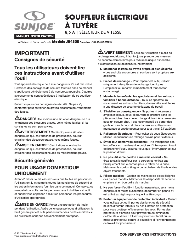 Page 1 de la notice Manuel utilisateur Sun Joe JB450E