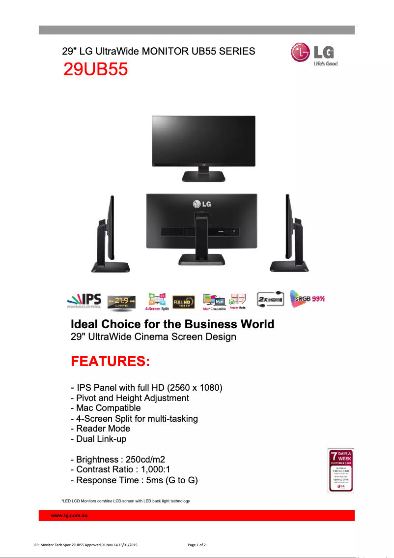 Page 1 de la notice Fiche technique LG 29UB55-B
