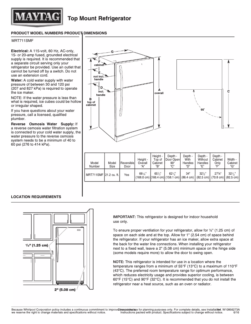 Page 1 de la notice Fiche technique Maytag MRT711SMF