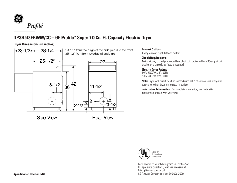 Page 1 de la notice Fiche technique GE Profile DPSB513EBWW