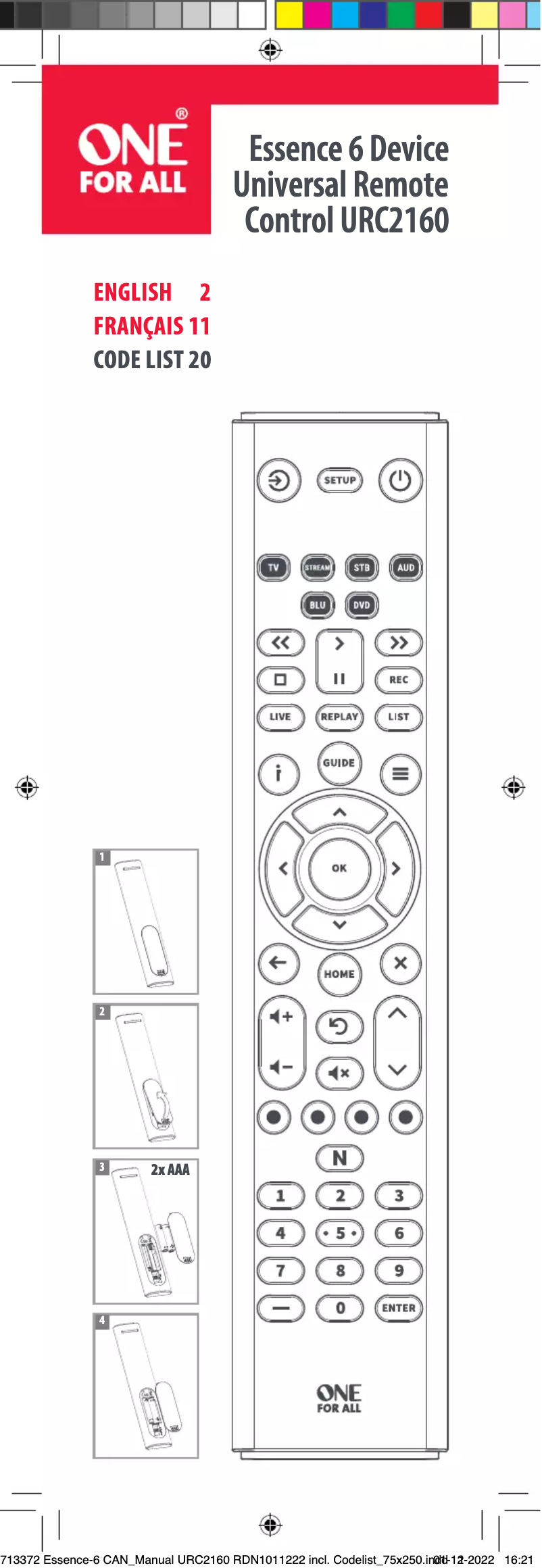 Image de la première page du manuel de l'appareil URC 2160