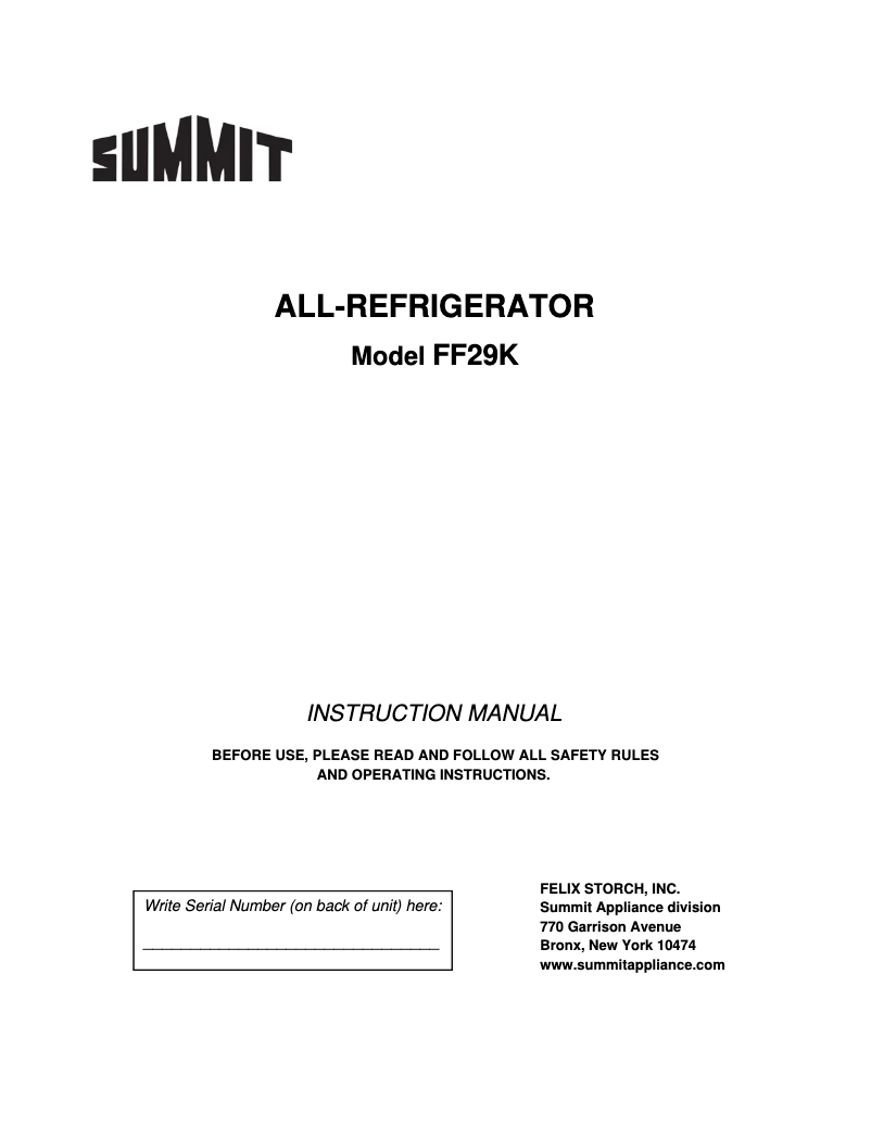 Page n°1 - Manuel d'utilisation et d'entretien Summit FF29K